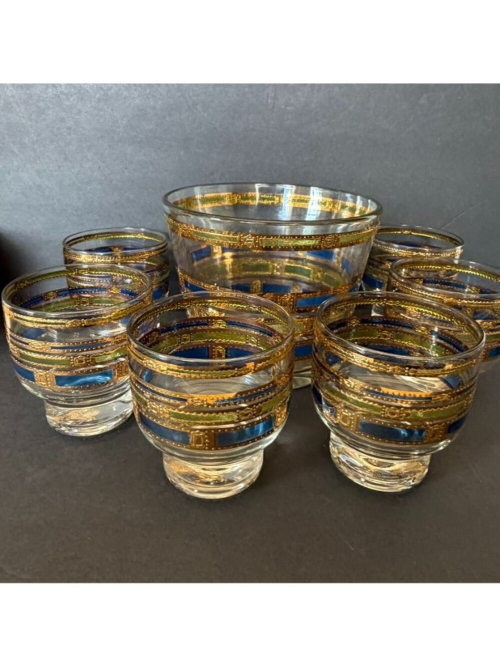 MCM Culver Empress 6-Piece Footed Whiskey & Ice Bucket Set 22kt Gold Blue Green